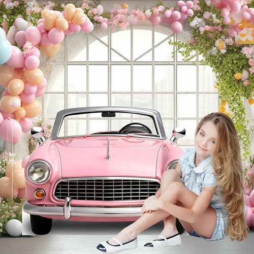 Pink Convertible Cardboard Cutout – 47x35 Photo Prop, Corrugated Board, Modern Car Design, Foldable Party Decoration for Girls Birthday, Instagram Photo Booth