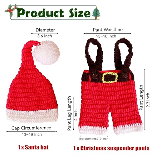 AIXIANG Hand-Knit Newborn Christmas Photo Prop Set - Santa Hat & Overalls (Fits 0-2 Months/Up to 12 lbs) - Stretchy Knit for Baby's First Christmas Pictures