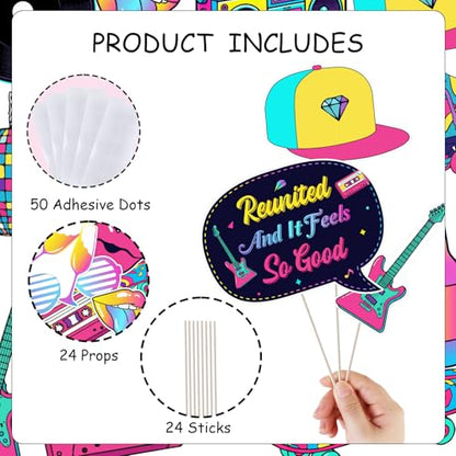 24PCS 90s Class Reunion Photo Booth Props, Retro 1990s Party Decorations with Neon Glasses, Boombox, Best Class Ever Reunited Forever 90's Photo Props for Welcome Back High School Reunion