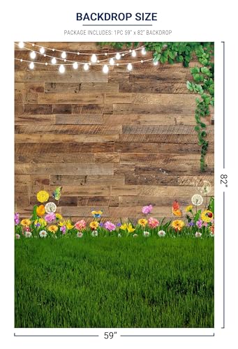 Allenjoy 59" x 82" Spring Brown Rustic Wood Backdrop Photography Spring Flower Grassland Kids Newborn Photoshoot Background Pictures Wooden Board Baby Shower Bday Party Decor Banner Photo Booth Props