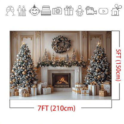 Mocsicka Christmas Fireplace Backdrop Gold Christmas Tree Fireplace Background Photography Decorations Christmas Eve Background Photo Props (7x5ft) - size: 7x5ft