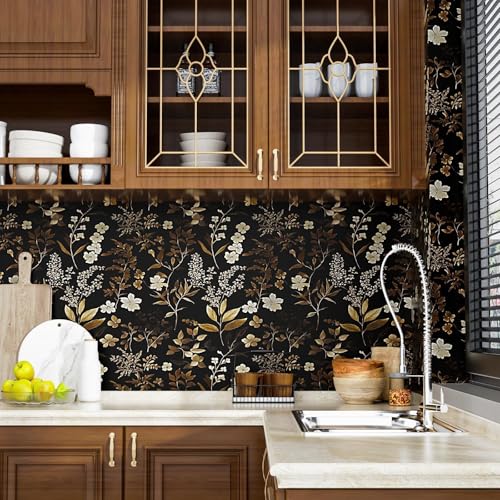 Fvlow Vintage Wallpaper Peel and Stick Black Floral Wall Paper 17.4" x 118" Black Gold Contact Paper Self-Adhesive Wall Covering for Bedroom Desk Cabinet Decor - color: Brown/Black, size: 17.4" x 118"
