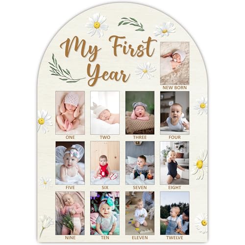 Daisy My First Year Photo Board Frame, 12 Monthly Baby Milestone Wooden Sign, Gender Neutral Nursery Decor for Girl Boy, Baby Keepsake Gifts for 1st Daisy Birthday Decorations-A03 - color: Daisy 2