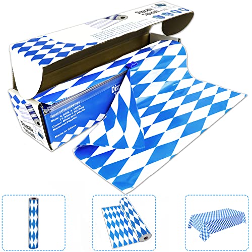 Oktoberfest Table Roll 52 in x 100 Ft Party Accessory with Slide Cutter Plastic Table Cloth Roll Oktoberfest Bavarian Blue Diamonds Tablecover for German Themed Party Decorations - color: Bule White