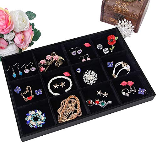 Black Velvet Stackable 12 Grid Jewelry Tray for Women Gemstone Pendant,Diamond,Showcase Display Organizer Holder Storage Modern Box Case Pad Stackers for Valet Closet,Decorate Vanity Table - color: Black 12 Grid