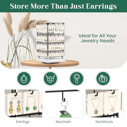 EsLuker.ly Rotating Earring Display Holder Stand for Vendors Events Selling, Large Capacity 64 Hooks Jewelry Rack with Wooden Base for Earring Card Sales, Enhances Retail Display Visibility - color: White+Black