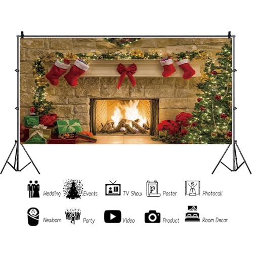 10x5ft Christmas Fireplaces Backdrop Marble Fireplace Blazing Flames Christmas Tree Stockings Photography Background Family Party Kids Adult Portraits Decor Banner Studio Photo Props - size: 10x5ft-polyester