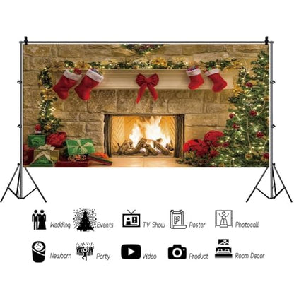 12x6ft Christmas Fireplaces Backdrop Marble Fireplace Blazing Flames Christmas Tree Stockings Photography Background Family Party Kids Adult Portraits Decor Banner Studio Photo Props - size: 12x6ft-polyester