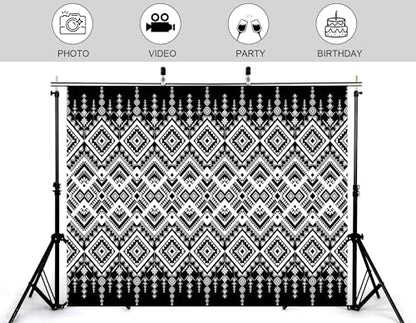 10x5ft Ethnic Geometric Backdrop Black White Tribal Pattern Photography Background for Minimalist Boho Party and Art Display Wall Decorations Tapestry Photo Booth Props - size: 10x5ft
