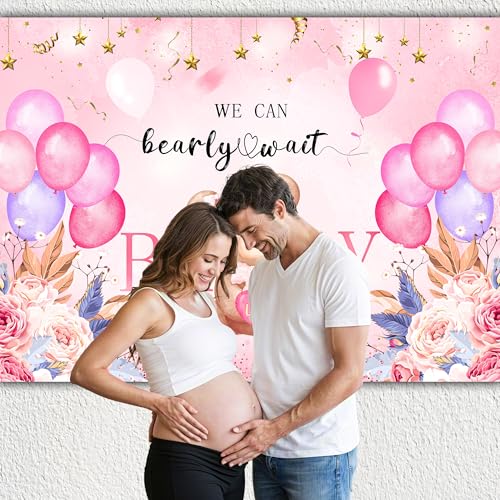 We Can Bearly Wait Backdrop 10 x 8 ft Pink Boho Baby Shower Background Girl Gender Reveal Decorations for Newborn Baby Baptism Birthday Party Banner Photography Props Supplies - color: Girl, size: 118”x94”