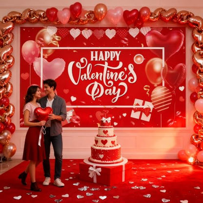 Happy Valentine's Day Banner - Large, 71x43 Inch | Red Hearts Balloons Backdrop Romantic Photo Booth Props -14th February Party Decorations