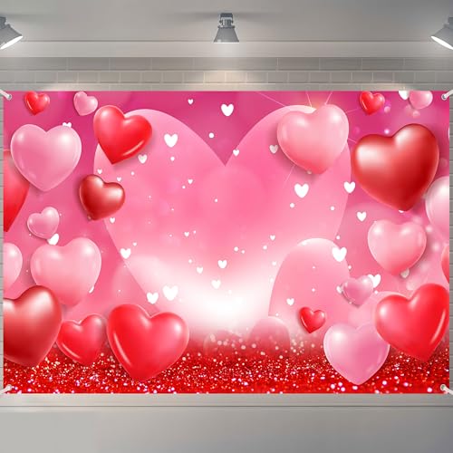 Valentine's Day Photography Backdrop 72 x 44 Inch - Romantic Pink Red Heart Balloon Background Cloth for Valentines Party Decoration Banner Supplies - color: Pink Red