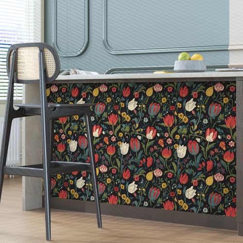 BOKEBEVE Wallpaper Peel and Stick Vintage Dark Floral Wall Paper Boho Contact Paper for Bedroom Bathroom Shelf Black Red Removable Self Adhesive Renter Friendly 17.5 x 118In - color: Black/Red, size: 17.5" x 118"