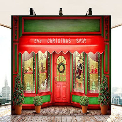 AOFOTO 10x10ft Red Christmas Shop Backdrop Front Door of Xmas Display Window Santa's Toy Store Photography Background Holiday New Year Party Banner Kids Baby Child Adult Portrait Photo Studio Props - size: 10x10ft