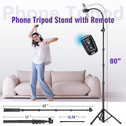 Nineigh 80" Phone Tripod, Selfie Stick Cellphone Tripod, Aluminum Tripods Stand for Video Photo Vlog, Travel Tripods with Gooseneck Remote Phone Holder, Compatible with iPhone Android Smartphone - size: 80 Inch