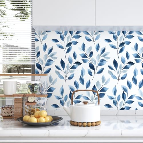 Blue Leaf Boho Peel and Stick Wallpaper – 17.5" x 393" Self-Adhesive Vinyl Blue Floral Contact Paper for Bedroom Bathroom Walls, Modern Removable Wallpaper Decor in Navy and White - color: White/Blue, size: 17.5" x 393"