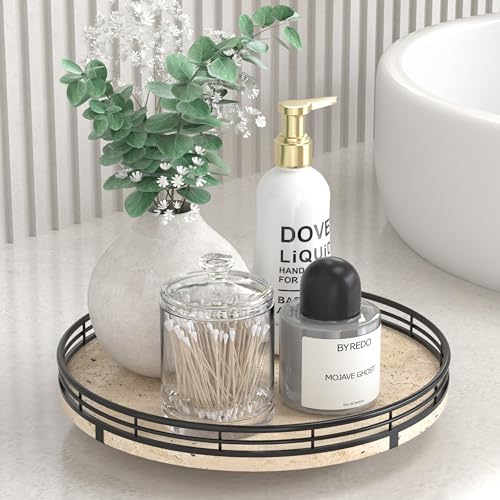 Italian Natural Travertine Lazy Susan Turntable for Table Top – 10” Round Marble Tray Organizer for Bathroom, Vanity, Dining Table, Kitchen Countertop & Bar, Luxury Stone Serving Tray with Black Frame - color: Light Yellow & Black, size: 10 inches