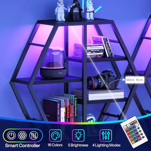 HOOBRO Gaming Floating Shelves with LED Lights, Gaming Wall Mounted Shelf, Hexagonal Display Rack for Wall Storage, Floating Rack with 4 S-Hooks, for Gaming Room, Black BB76DBJ01