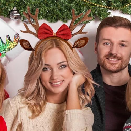 Christmas Antlers Headband Brown Reindeer Ears Head Band for Women Cute Bow Hairband Xmas Holiday Hair Accessories Gift Costume Party Favors - color: Christmas Antlers