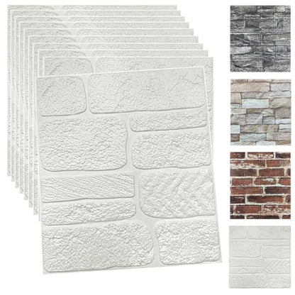 YU LI 3DH 3D Wall Panels Peel and Stick Faux Stone Wall Panel White 20-Pack Faux Brick Self-Adhesive Wallpaper 3D Foam Brick Wallpaper - color: White, size: 20PCS