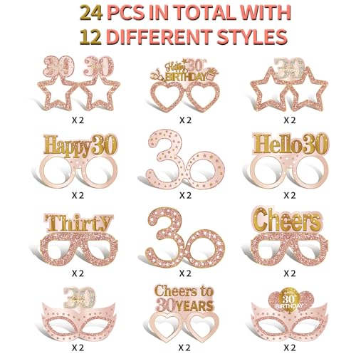 Guiruiy 24PCS 30th Birthday Paper Eyeglasses Decorations for Women, Pink Rose Gold Happy 30th Birthday Eyeglasses Party Supplies, Funny Thirty Year Old Birthday Glasses Decor - style: Rose Gold 30th