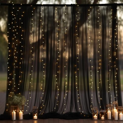 10x10ft Black Tulle Backdrop Curtain with Lights String for Parites, Sheer Photo Backdrop Drapes for Wedding Baby Shower Birthday Party Photo Shoot Decorations - color: Black, size: 10ft x 10ft(2 Panels 5*10ft)