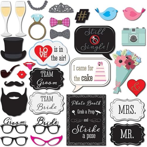 Wedding Photobooth Props Kit, Engagement Photo Booth Accessories with Wooden Dowels for Bridal Shower Wedding Favour Party Decorations Funny Selfie Props (Black) - color: Black