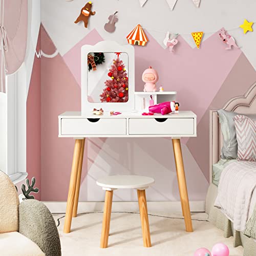 Costzon Kids Vanity Set, Girls Vanity Set with Mirror and Stool, 2 Large Drawers, Storage Shelf, Wooden Princess Makeup Dressing Table, Pretend Play Vanity Table and Chair Set for Toddlers, White - style: White with Square Mirror