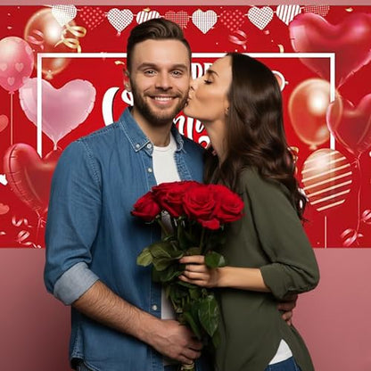Happy Valentine's Day Banner - Large, 71x43 Inch | Red Hearts Balloons Backdrop Romantic Photo Booth Props -14th February Party Decorations