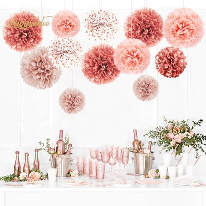 NICROLANDEE Wedding Decorations - 12 PCS Rose Gold Tissue Paper Pom Poms for Engagement Party Wedding Birthday Bridal Shower Bachelorette Baby Shower Ceiling Valentine's Day Party Backdrop Decor - style: Rose Gold