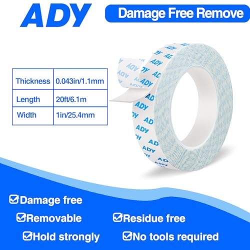 ADY Double Sided Tape for Walls Removable Heavy Duty 1in x 20ft, Mounting Tape No Nail Drilling,Picture Hanging Adhesive Strips Damage Free for Rent Room, Poster Stick Tape - color: White
