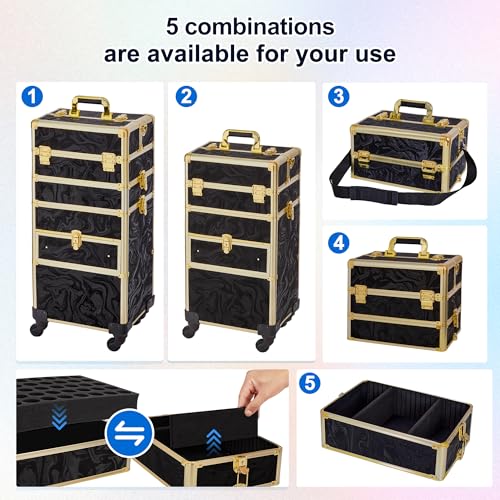 Somduy Rolling Makeup Case with Drawer, Makeup Train Case, 4 in 1Cosmetology Case on Wheels, Christmas Gift, Large Makeup Organizers, Profesional Cosmetic Case for Salon Barber, Pattern Black Gold - color: Black Gold