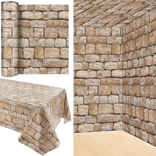 Tegeme 100 ft x 54 Inch Rustic Brick Stone Wall Backdrop Roll Ancient Plastic Brick Wall Tablecloth Wallpaper Scene Setter Photography Backdrop for Medieval Party Decor - size: 100 ft, style: Rustic Brick