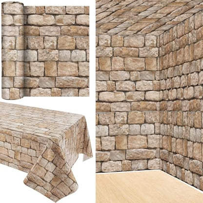 Tegeme 100 ft x 54 Inch Rustic Brick Stone Wall Backdrop Roll Ancient Plastic Brick Wall Tablecloth Wallpaper Scene Setter Photography Backdrop for Medieval Party Decor - size: 100 ft, style: Rustic Brick