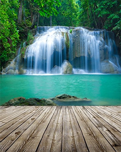 AOFOTO 8x10ft Waterfall Photography Backdrop Nature Landscape Falls Cascades Jungle Mountain Forest River Stream Lake Wooden Board Floor Background Adult Girl Boy Travel Portrait Photo Studio Props - size: 8x10ft