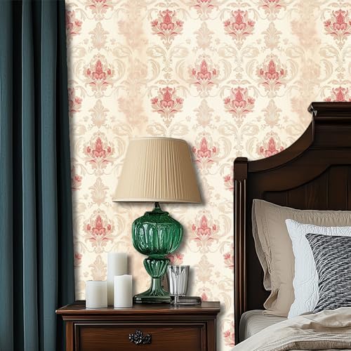 HOMETITUTE Wallpaper Peel and Stick Beige and Red European Vintage Damask Contact Paper Wall Paper Stick 17.7" x 118.1" Self Adhesive Removable Vinyl Wall Covering Bedroom Kitchen Bathroom Home Decor - color: European Vintage Damask