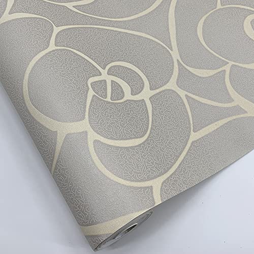 Q QIHANG Modern Minimalist Embossed 3D Rose Flower Non-Woven Non-Self Adhesive Wallpaper Cream&Gray Color 0.53m(1.738' W) x 10m(32.8' L)=5.3㎡(57 sq.ft) - color: Cream Gray