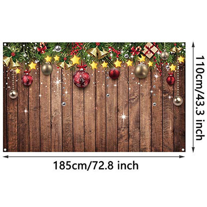Blulu Christmas Backdrop for Photography - Fabric Wood Pattern Background with Pine Tree & Ornaments - Merry Xmas Photo Background, 72.8 x 43.3 Inch