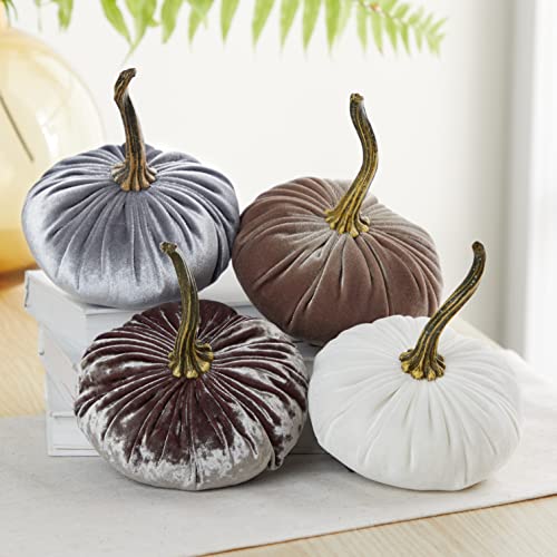 Your Heart's Content Set of 4 Small Velvet Pumpkins, Fall Home Decor, Gift Set for Friend, new Apartment, Cozy Autumn Vibe, Pumpkin Trick or Treat, Elegant Gift Set (Luxe Quartz, Gray, Ivory, Taupe) - color: Luxe Quartz, Gray, Ivory, Taupe