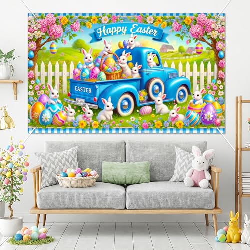 BlissYard Easter Bunny Truck Banner Spring Farm Scene 71x43 Inch Cute Holiday Backdrop with Rabbits Eggs Flowers Happy Easter Design for Yard Porch Party Kids Celebration Display - color: Blue