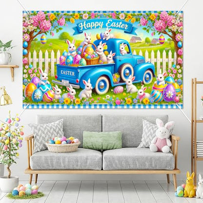 BlissYard Easter Bunny Truck Banner Spring Farm Scene 71x43 Inch Cute Holiday Backdrop with Rabbits Eggs Flowers Happy Easter Design for Yard Porch Party Kids Celebration Display - color: Blue