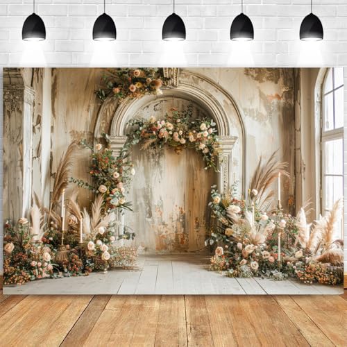 6x4ft Boho Cream Colored Arch Floral Backdrop for Photography Beige Reed Realistic Stylish Photography Background Wedding Maternity Portrait Backdrop Studio Photo Props - size: 6x4ft