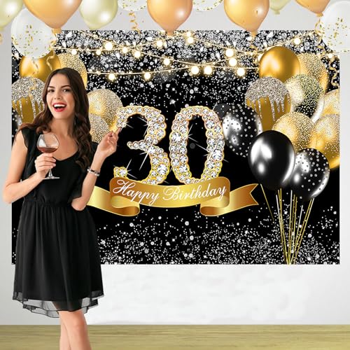 Sensfun Happy 30th Birthday Backdrop Men Black and Gold Birthday Party Decorations Glitter Balloons Photography Background for Womens Fabulous 30 Bday Sign Supplies Thirty Years Old Cake Banner 7x5ft - color: Black and Gold Diamond 30 Birthday, size: 7X5f
