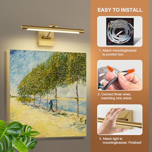 LED Picture Light Fixtures 16.54 Inches, Modern Metal Artwork Wall Lamps with Single Swing Arm, 7W (50W Eqv.), Hardwired Connection, Non-Dimmable, 3000K Warm White, CRI80+, Golden-Like Brass Finish - color: Brass, size: Non-Dimmable 16.53" Long