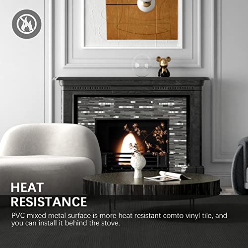 Midcard 20 Sheets Peel and Stick Backsplash, Black Grey Wood Look PVC Mixed Metal Stick on Backsplash Tiles for Kitchen - color: Black Grey Wood with Metal Silver, size: 20