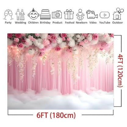 Romantic Pink and White Roses Wisteria Bridal Shower Photo Studio Backdrop Pink Wall Girls Woman Birthday Party Tea Party Baby Shower Anniversary Photography Background (D, 6 * 4feet) - color: D, size: 6*4feet