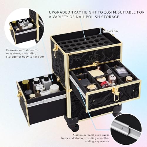 Somduy Rolling Makeup Case with Drawer, Makeup Train Case, 4 in 1Cosmetology Case on Wheels, Christmas Gift, Large Makeup Organizers, Profesional Cosmetic Case for Salon Barber, Pattern Black Gold - color: Black Gold