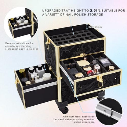 Somduy Rolling Makeup Case with Drawer, Makeup Train Case, 4 in 1Cosmetology Case on Wheels, Christmas Gift, Large Makeup Organizers, Profesional Cosmetic Case for Salon Barber, Pattern Black Gold - color: Black Gold