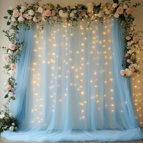 Tulle Curtain Backdrop with 300 LED Fairy Lights for Parites Wrinkle-Free Sheer Curtain Drapes Photo Back Drop for Wedding Baby Shower Bridal Shower Birthday Home Décor - 10ft×10ft, Baby Blue - color: Baby Blue