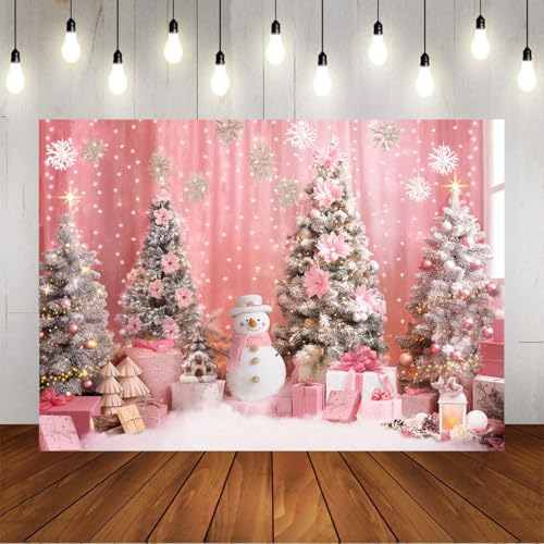 Mocsicka 7x5ft Pink Christmas Backdrop Snowflake Xmas Tree Interior Room Photography Backdrop Background Family Kids Merry Christmas Holiday Party Decorations Photo Booth Props